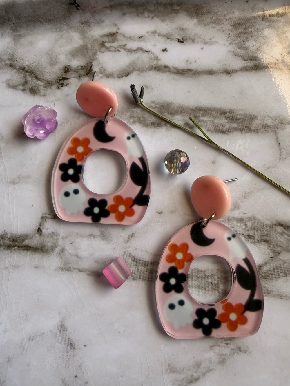 Pink Floral Ghost Acrylic Drop Earrings